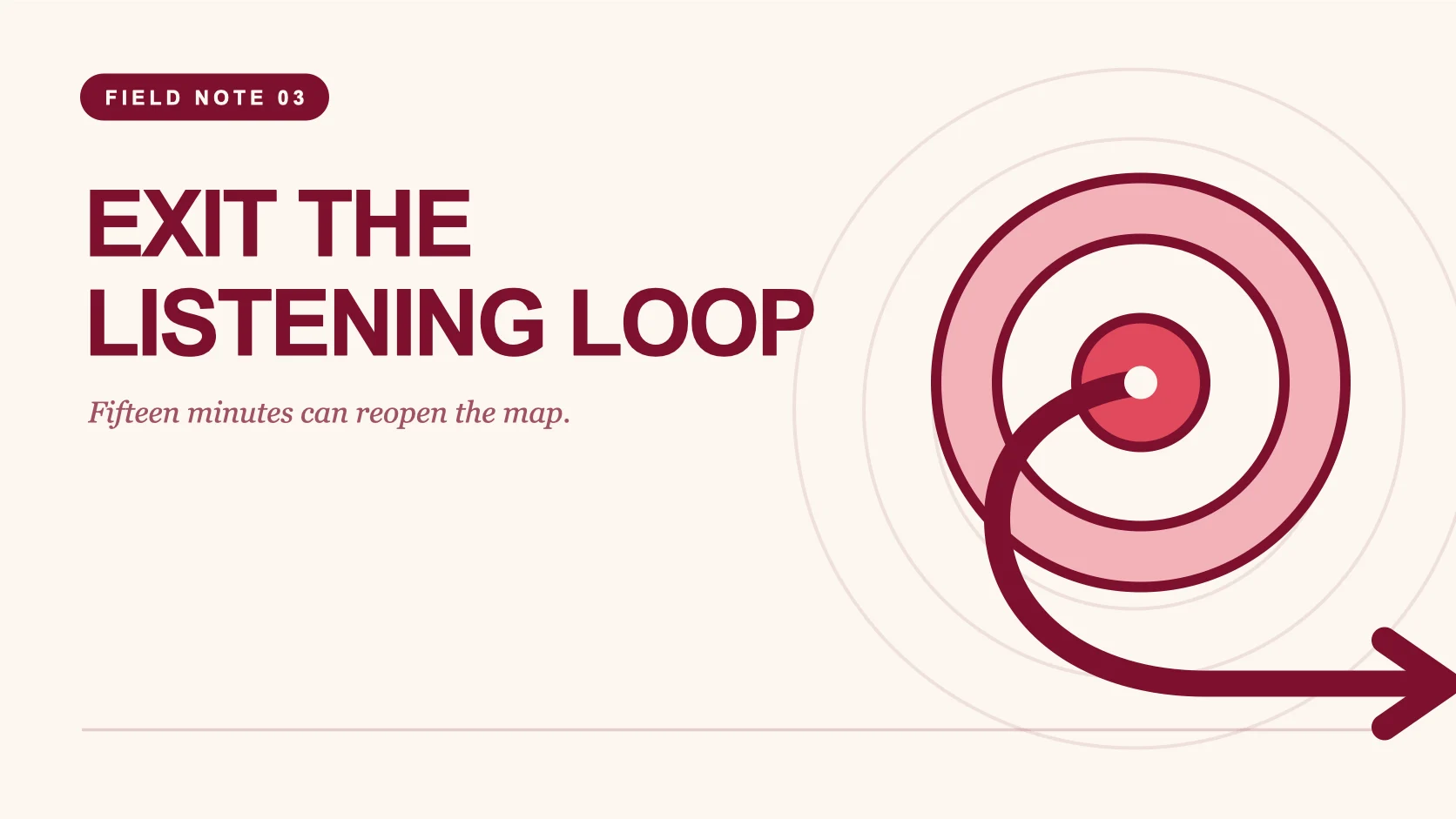 A cream editorial field-note cover with concentric maroon circles and a path breaking free, titled Exit the Listening Loop.